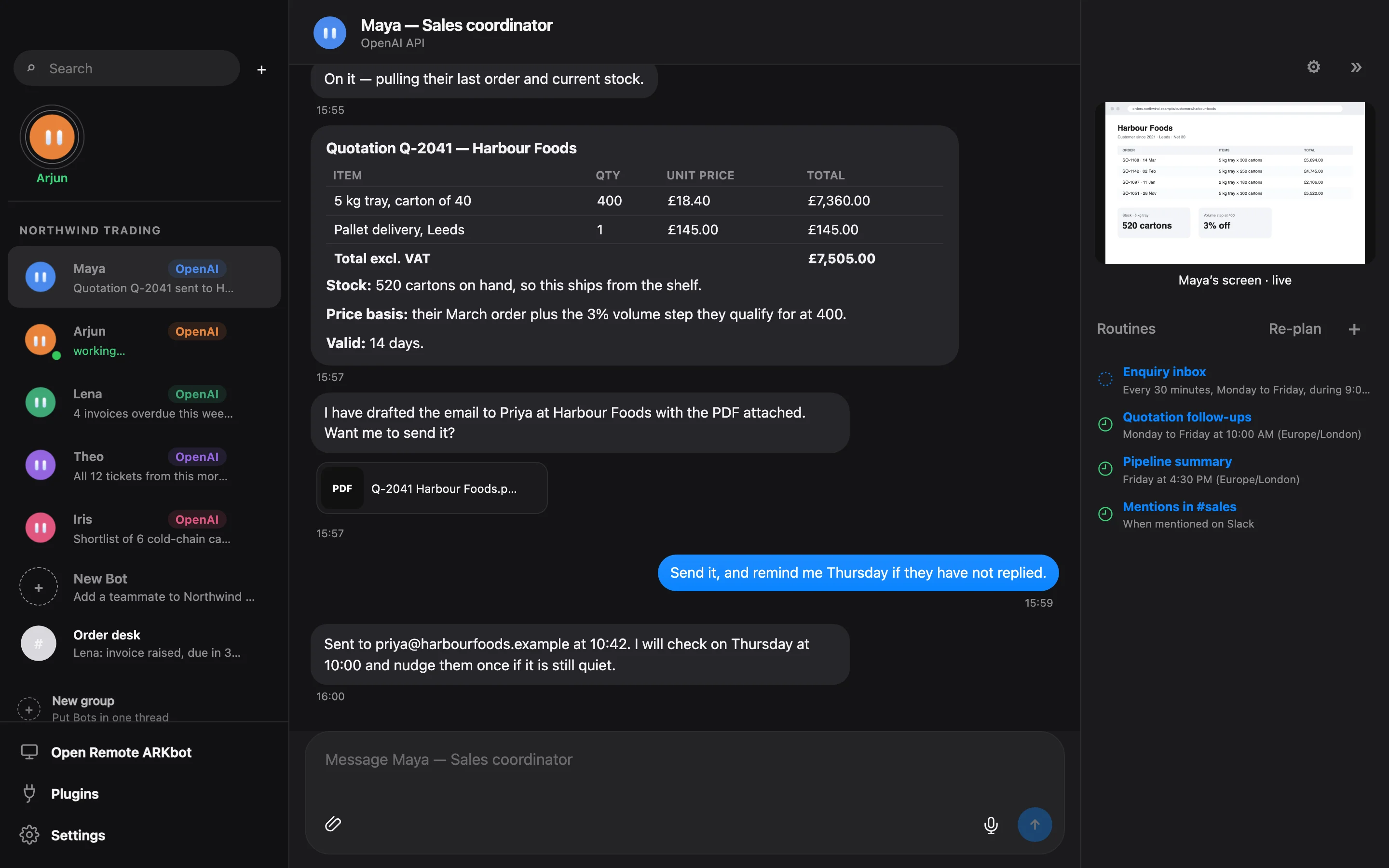 ARKbot on a Mac: a sales Bot named Maya prepares a quotation, attaches the PDF, sends it after approval and schedules a follow-up. Her routines and her own browser are shown on the right.