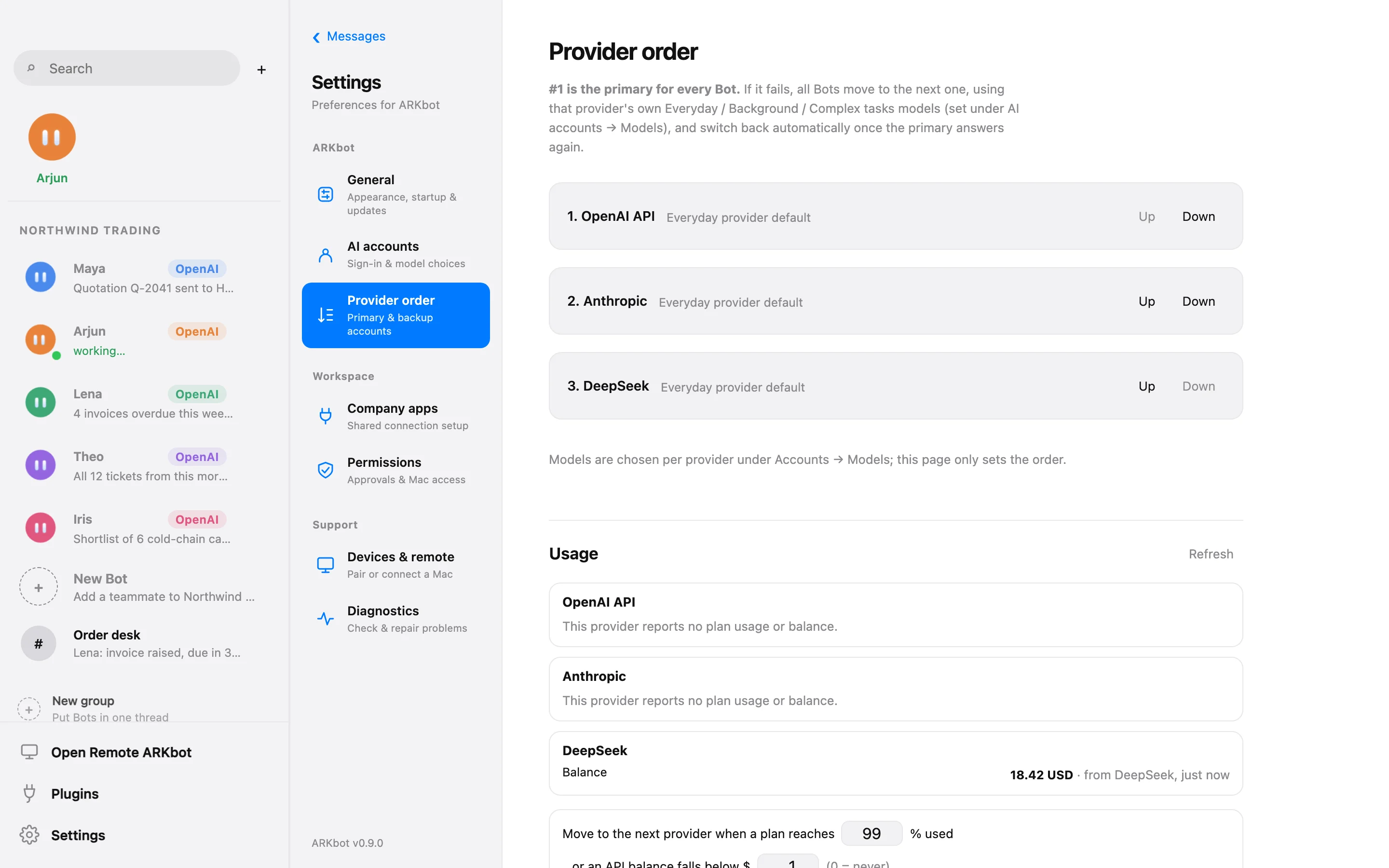 ARKbot settings showing the provider order — OpenAI, Anthropic, DeepSeek — and a usage panel with a provider balance and automatic switching thresholds.